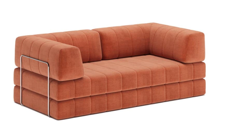 A two-seater sofa with a modular design. The seating and backrest are upholstered and feature horizontal channel tufting. The base appears to be constructed from stacked, upholstered modules. It has low-profile block arms and is supported by thin, polished metal frames visible at the sides. — 3D model