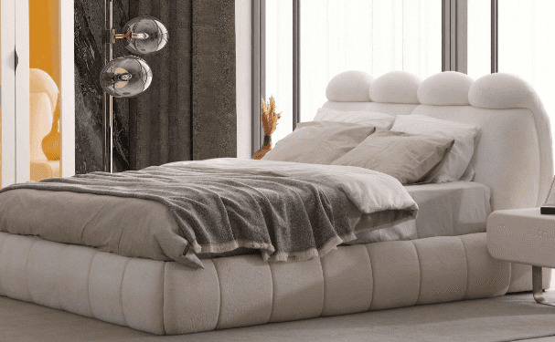 A contemporary low-profile bed featuring a distinctive upholstered headboard and platform base. The… — 3D model
