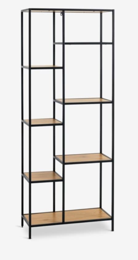 A tall, industrial-style shelving unit featuring a black metal frame and light wood-look shelves arranged in an asymmetrical pattern, offering varied compartment sizes. — 3D model