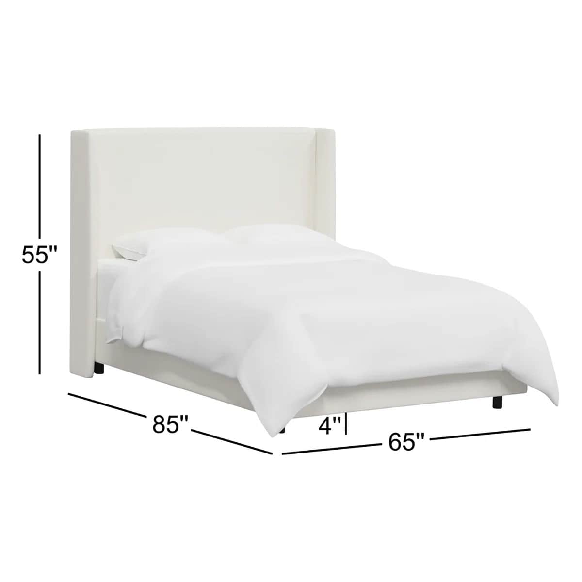 A white upholstered bed frame with a tall, winged headboard. The bed is dressed in white linens, inc… — free OBJ 3D model