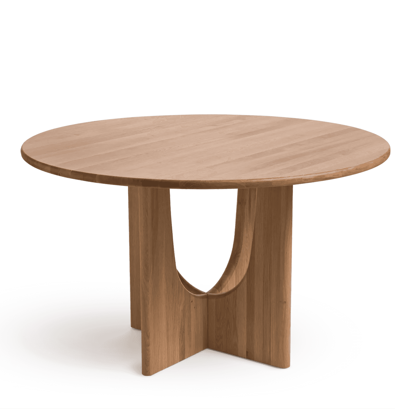 A modern round dining table featuring a solid wood construction with a light, natural oak finish. Th… — free FBX 3D model