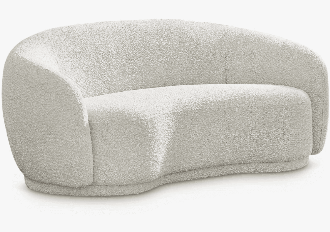 A contemporary, curved sofa upholstered in a textured, boucle-like fabric. The sofa features a continuous arm and backrest design, with a rounded silhouette and a low-profile, circular base. — 3D model