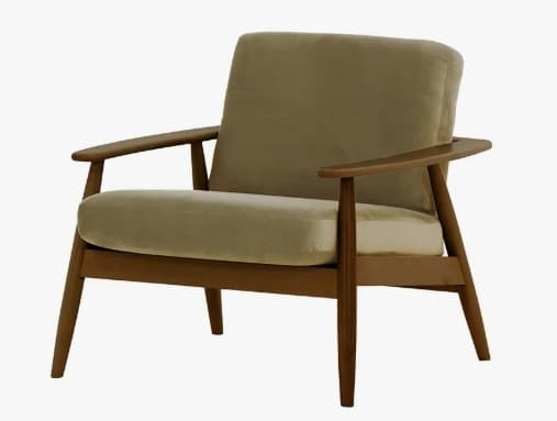 A mid-century modern armchair with a wooden frame and upholstered cushions. The chair features a low profile, tapered legs, and slightly curved armrests. The upholstery appears to be a soft, textured fabric in a neutral tone. — 3D model