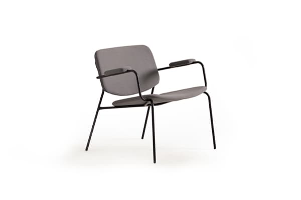 A modern armchair with a minimalist design. It features a gently curved backrest and seat, both upholstered in a gray fabric. The armrests are integrated into the frame and also upholstered. The chair is supported by a slender, black metal frame with four splayed legs, providing a contemporary aesthetic. — 3D model