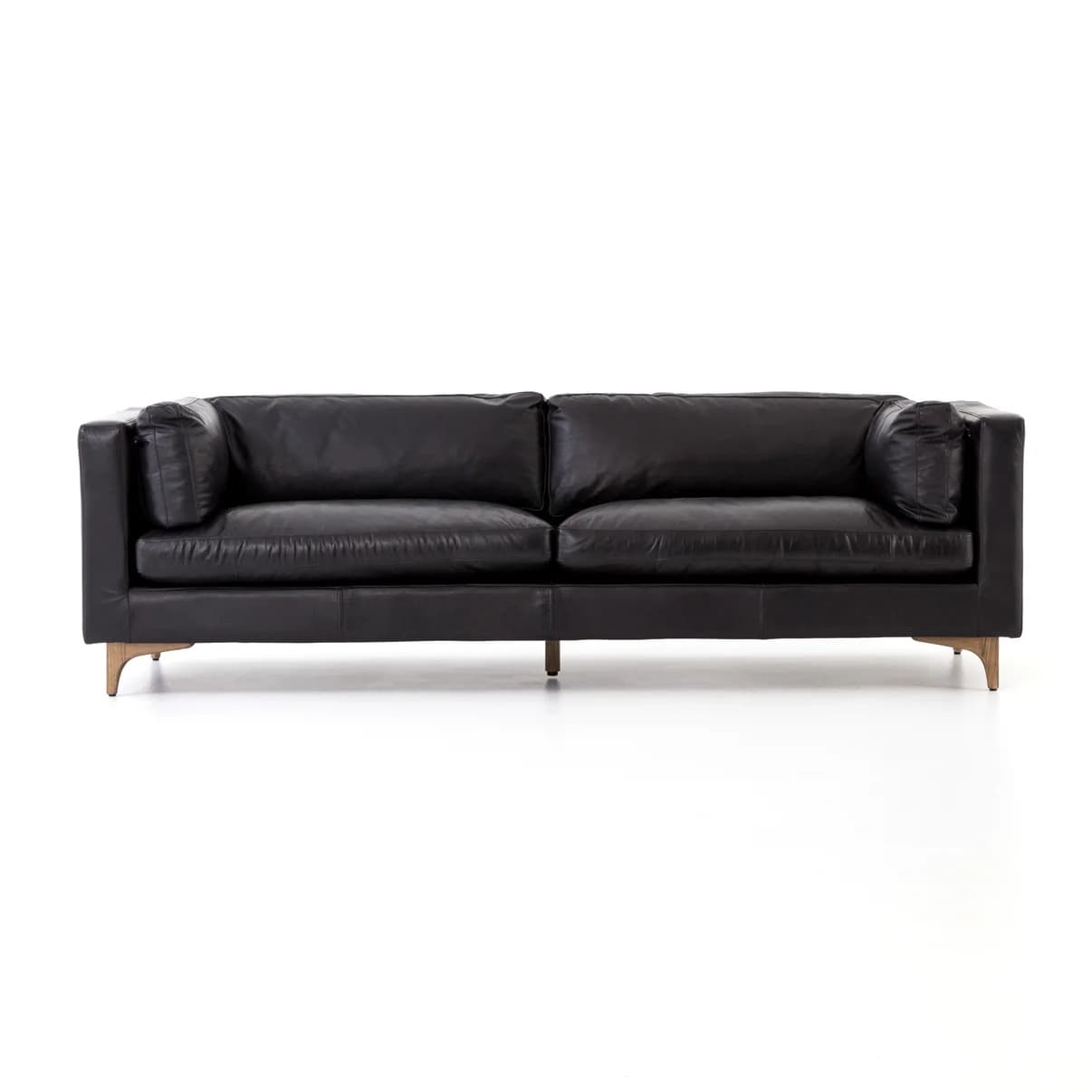A contemporary three-seater sofa upholstered in black leather, featuring a clean-lined square arm design, loose seat and back cushions, and supported by tapered, light-colored wooden legs. — 3D model