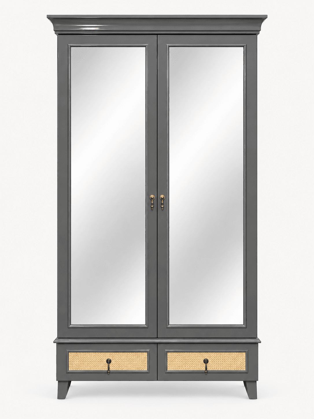 A dark grey wooden wardrobe featuring two full-length mirrored doors in the upper section and two lo… — 3D model