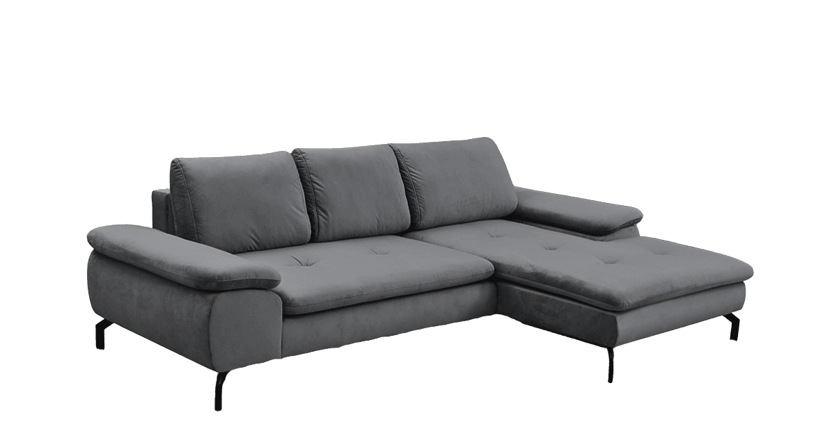 A contemporary L-shaped sectional sofa upholstered in grey velvet-like fabric, featuring a left-hand facing chaise. The sofa has plush, tufted seat cushions and soft, removable back cushions. Its design includes wide, rounded armrests and sleek, polished chrome or stainless steel legs. — 3D model