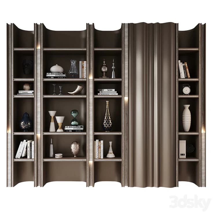 A sophisticated modular shelving system designed for display and storage, featuring multiple vertical sections with fixed shelves. The unit incorporates a central fluted or pleated decorative panel, possibly a door or a screen element, adding a unique textural contrast. It is finished in a dark wood, possibly veneer, with lighter accent strips, and some sections include integrated lighting. — 3D model