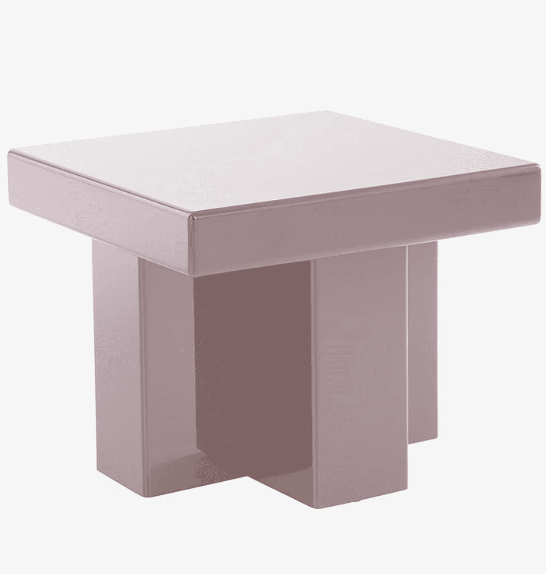 A modern, square accent table featuring a thick, solid tabletop and a robust base composed of four thick, square legs arranged in a cross-shaped configuration. The entire piece is uniformly finished in a smooth, semi-gloss dusty rose or mauve color, exhibiting a minimalist and architectural design. — 3D model