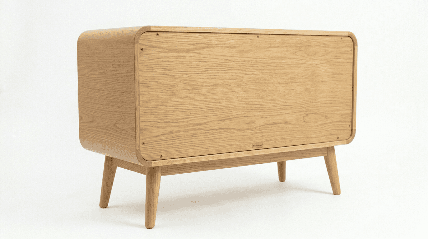 A contemporary, low-profile storage cabinet crafted from light-colored oak wood, featuring smoothly… — 3D model