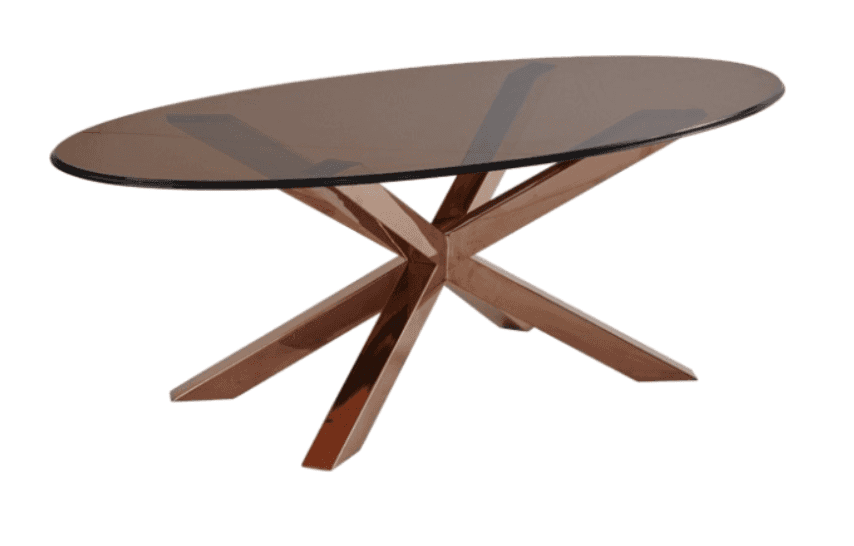 An oval-shaped coffee table featuring a smoked glass top and a sculptural starburst-design metal bas… — 3D model