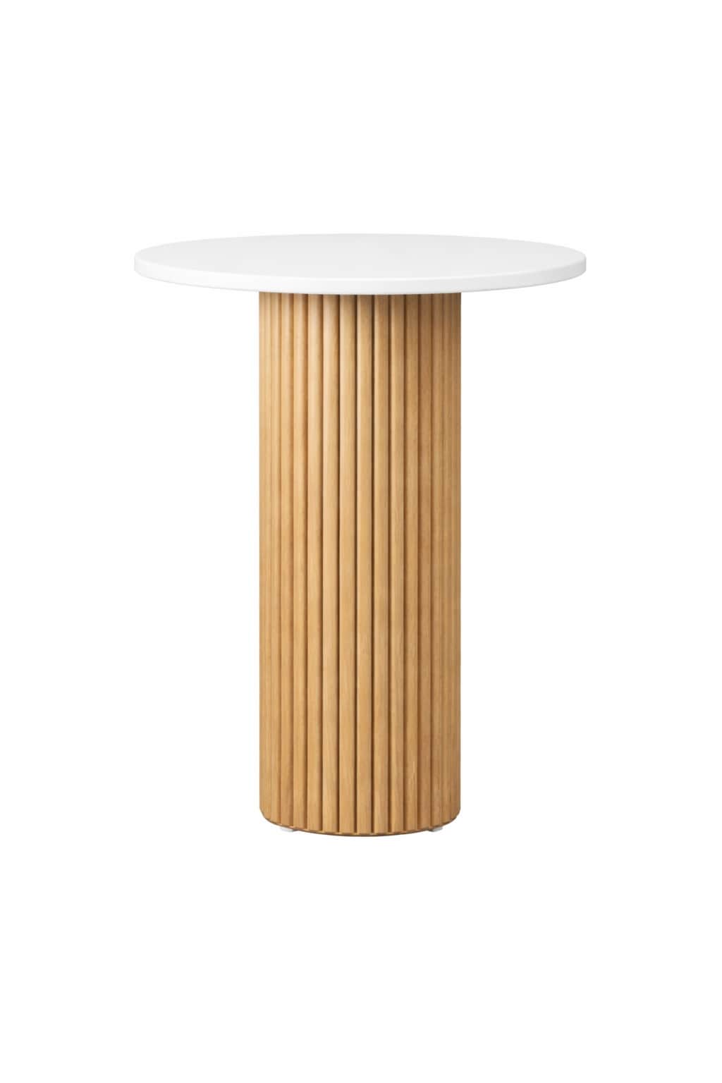 A cylindrical side table featuring a fluted wooden base and a circular, flat white top. The base is… — 3D model