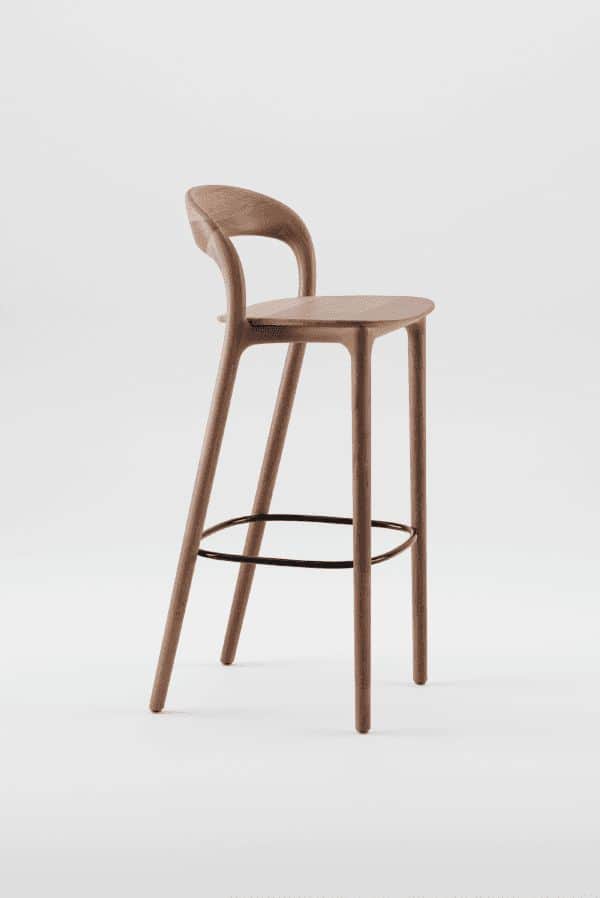 A tall, slender wooden bar stool featuring a gently curved, low backrest and a circular metal footre… — 3D model