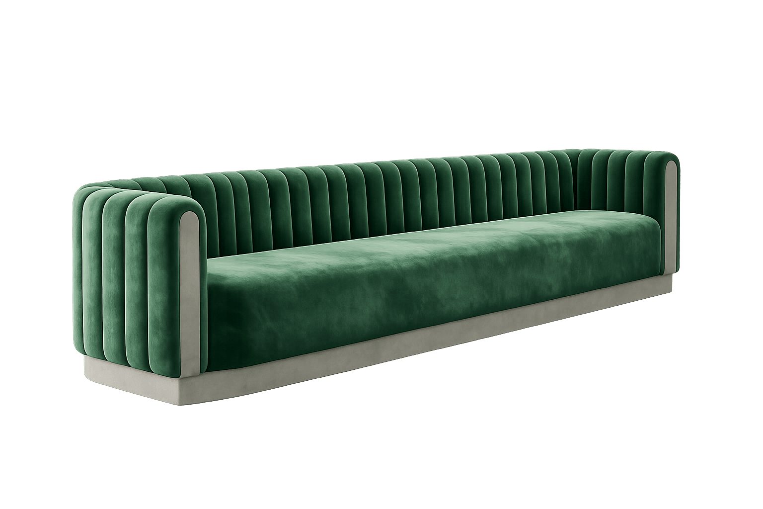 A long, emerald green velvet sofa with vertical channel tufting on the backrest and armrests, featuring a contrasting light grey base. — 3D model