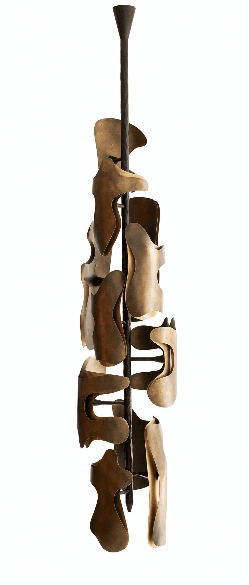 A vertical lighting fixture featuring a central dark textured rod surrounded by numerous organic, curved brass plates arranged in an overlapping, sculptural manner, designed to create diffuse and dynamic illumination. — 3D model