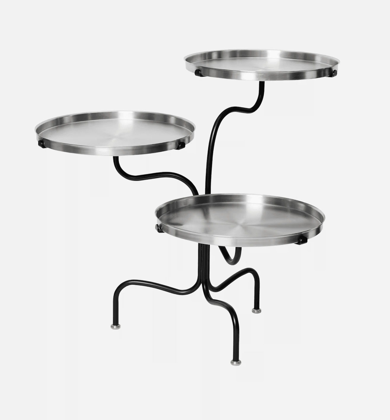 A modern three-tiered accent table featuring circular, brushed metal trays supported by an organically curved black metal frame with brass-capped feet. — 3D model