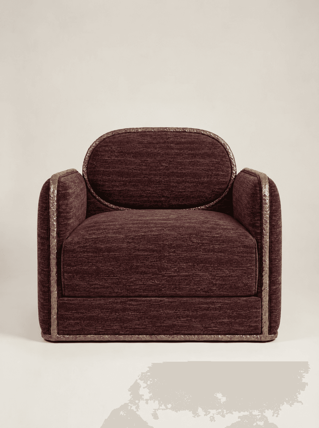 A contemporary upholstered armchair featuring a deep plum or burgundy textured fabric. It is characterized by a unique, decorative hammered metal frame that outlines the oval backrest, armrests, and base, providing a distinct stylistic element and material contrast. The seat cushion is integrated, presenting a substantial and refined form. — 3D model