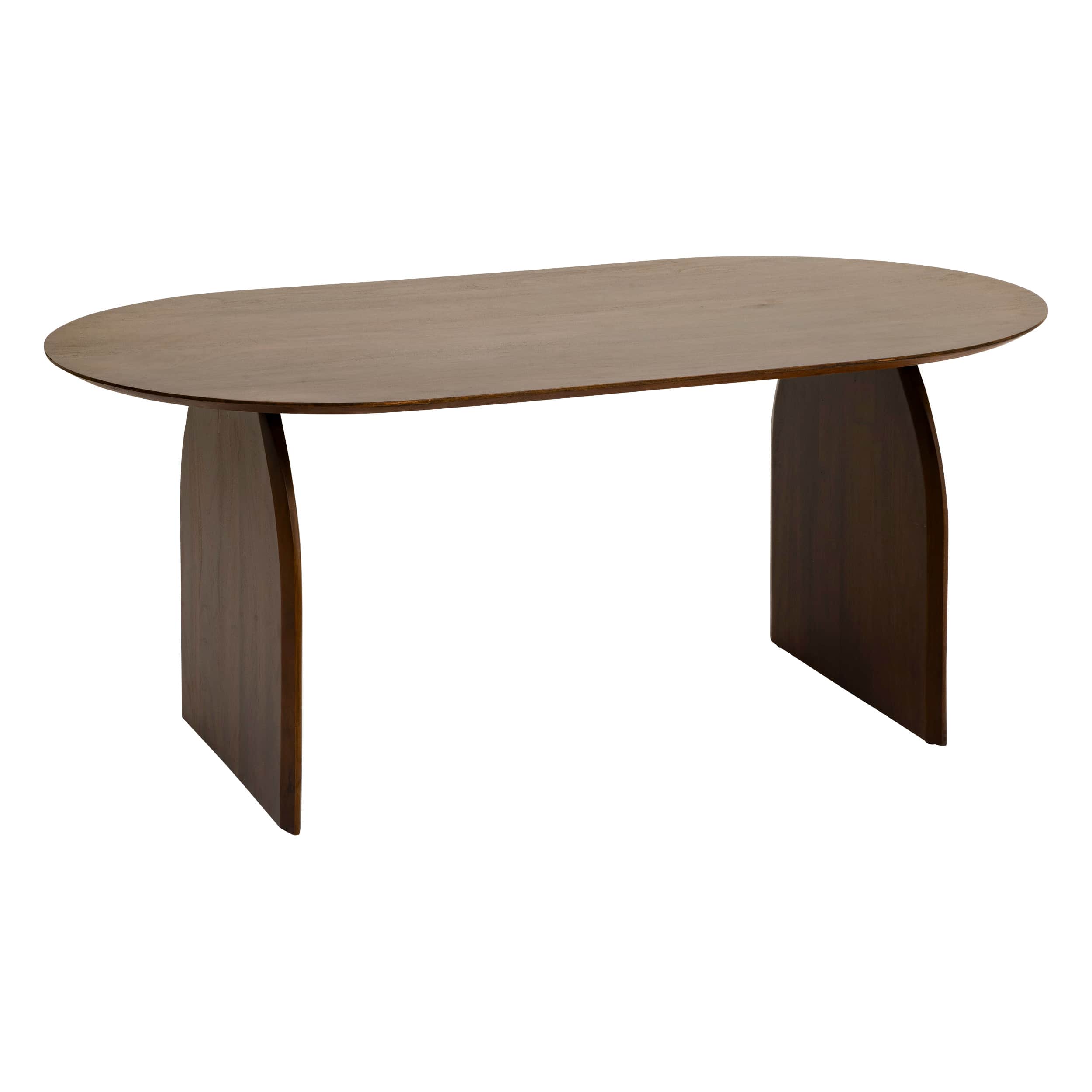A minimalist oval coffee table crafted from dark wood, featuring a smooth, rounded tabletop supporte… — 3D model