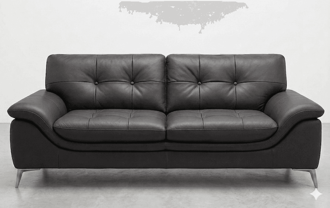 A modern two-seater sofa upholstered in dark gray leather. The sofa features a tufted design on the… — free GLTF 3D model