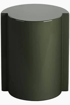 A cylindrical end table with a flat top and a dark green, glossy finish. The base features two cut-out sections on opposing sides, creating a geometric design. The overall form is modern and minimalist. — 3D model