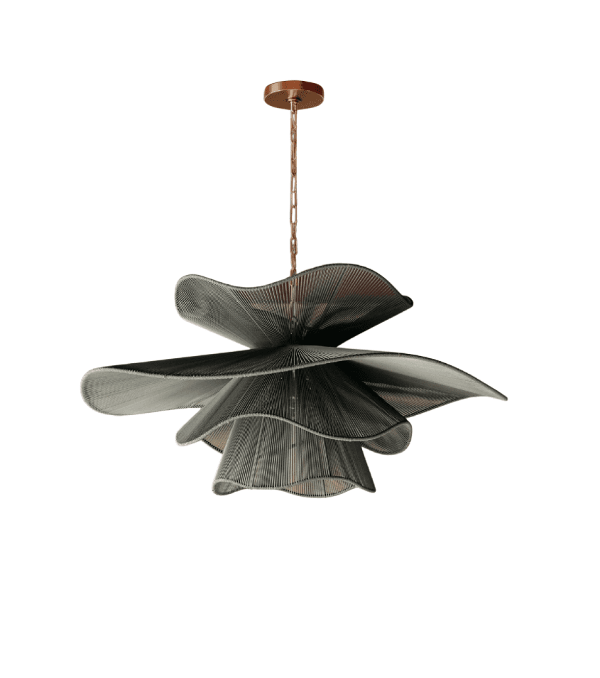 A contemporary chandelier featuring a multi-tiered, undulating shade crafted from fine, dark mesh or fabric, suspended by a chain from a metallic bronze canopy. — 3D model
