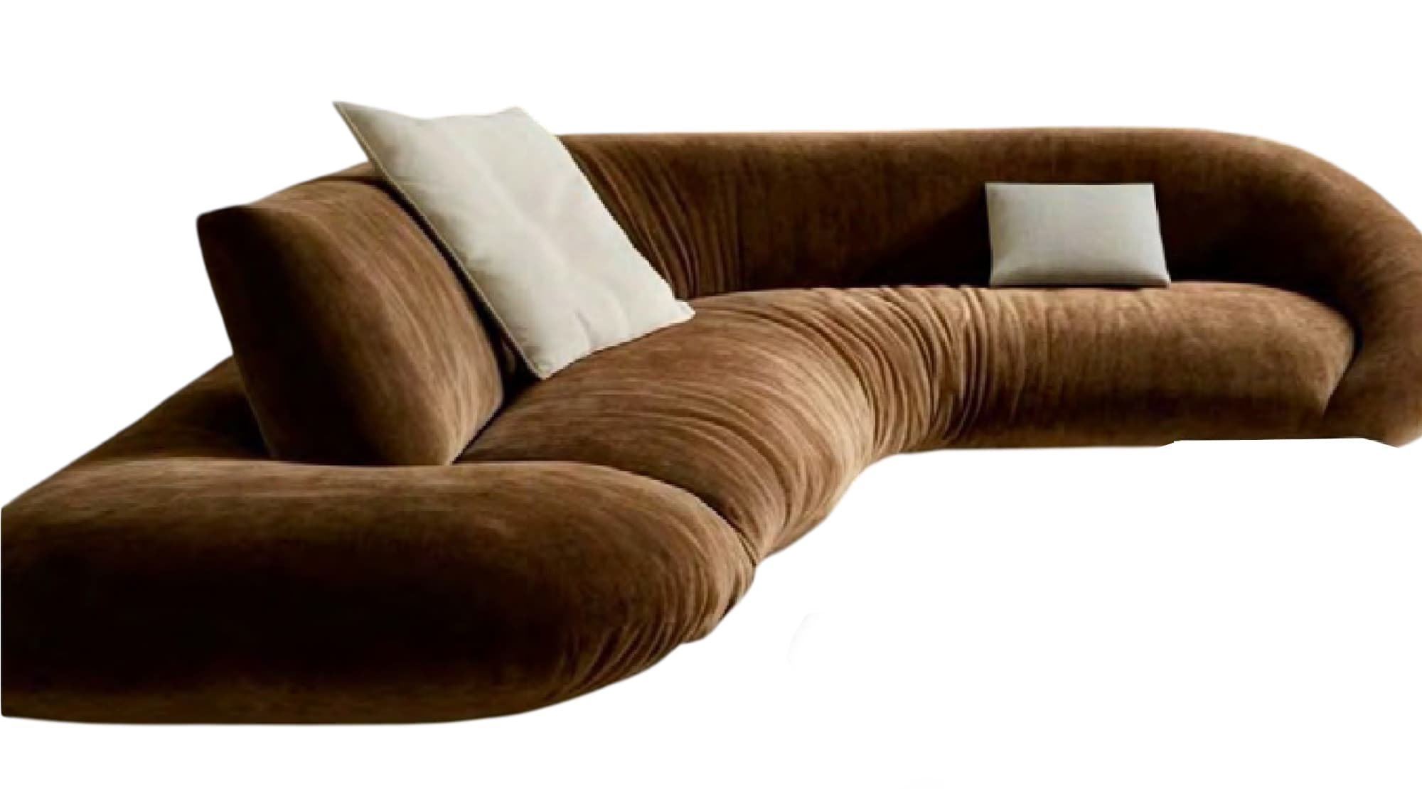 A modular sectional sofa with a curved, organic form. The sofa features deep, plush cushioning with a tufted or gathered upholstery texture. It appears to be upholstered in a soft, velvety fabric and includes two throw pillows. One pillow is large and rectangular, positioned against the backrest, while the other is smaller and square, placed on the seat. — 3D model