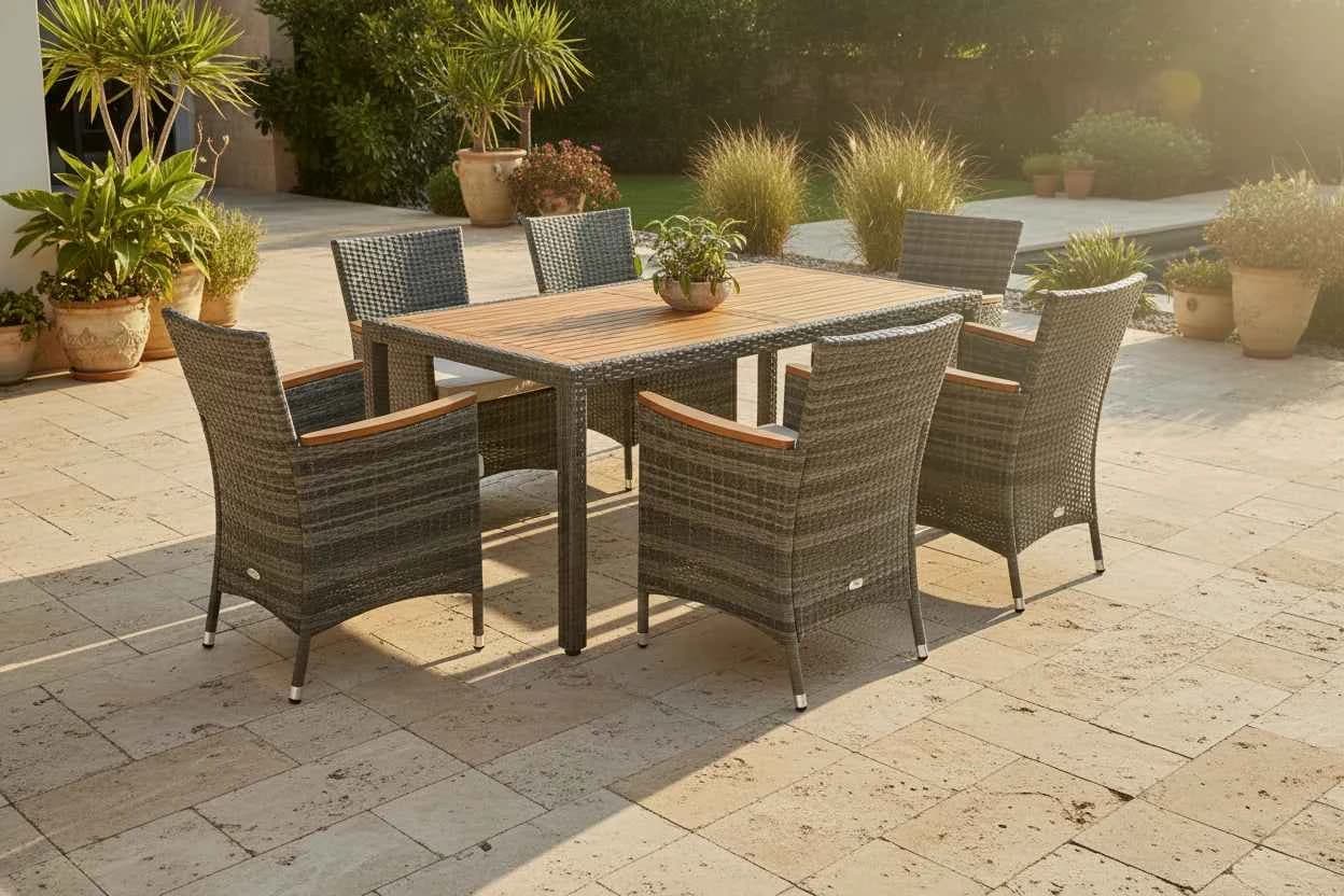 A six-seater outdoor dining set consisting of one rectangular table and six chairs. The table has a slatted wooden top and dark legs. The chairs feature a woven rattan-like exterior, wooden armrests, and light gray seat cushions. A small potted plant is centered on the table. — 3D model