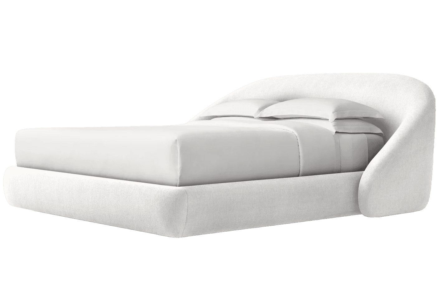 A white upholstered bed frame with a curved headboard that extends to the sides. The bed is fitted w… — free BLEND 3D model