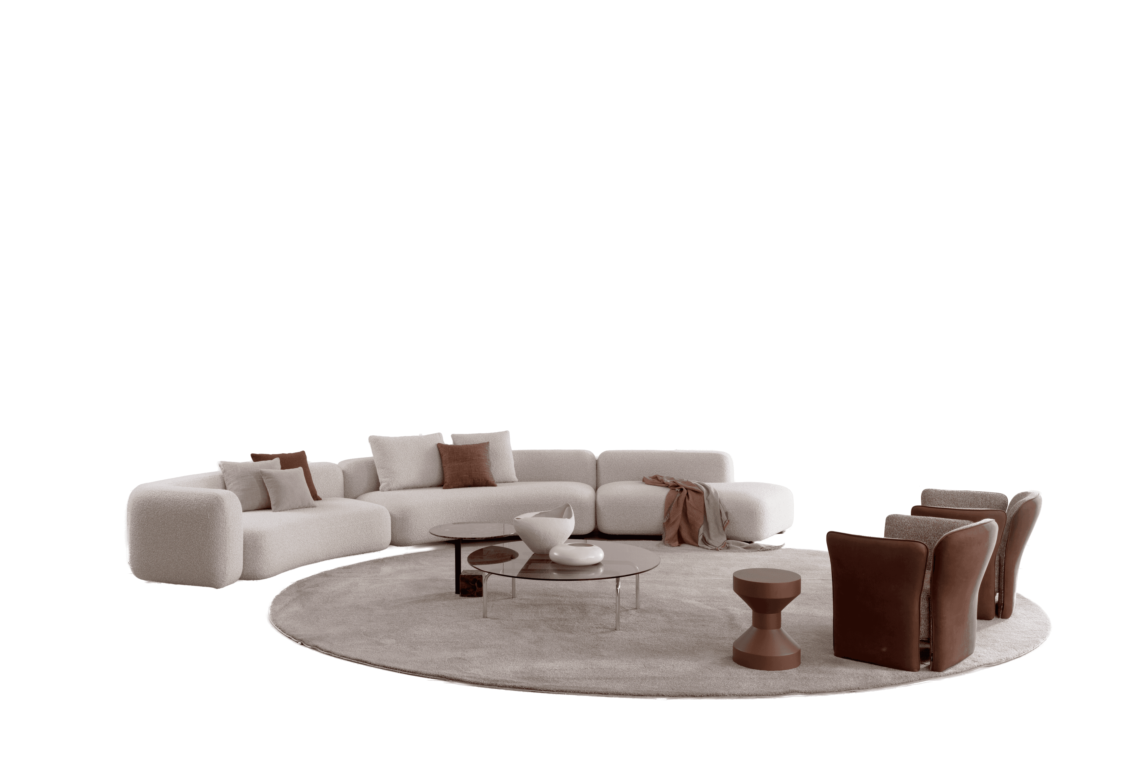 A contemporary modular sectional sofa, upholstered in a light, textured boucle fabric, forming a U-s… — 3D model