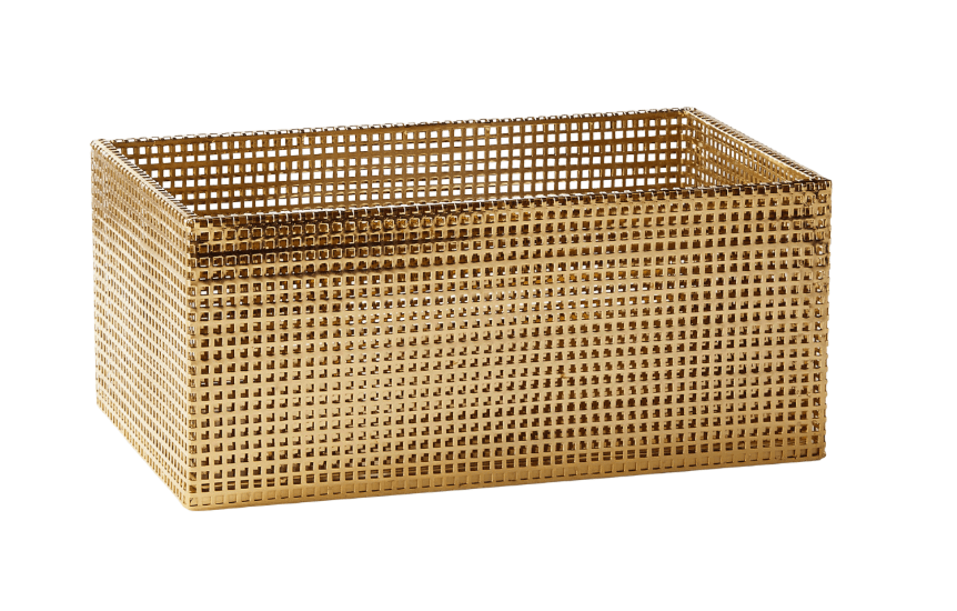 A rectangular storage basket crafted from perforated metal, featuring a radiant gold finish. Its design is characterized by a grid of small, square perforations across all visible surfaces. — 3D model