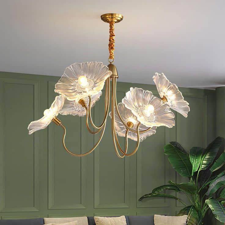 A ceiling-mounted lighting fixture featuring a brass-finished frame and five light sources. Each lig… — free GLTF 3D model