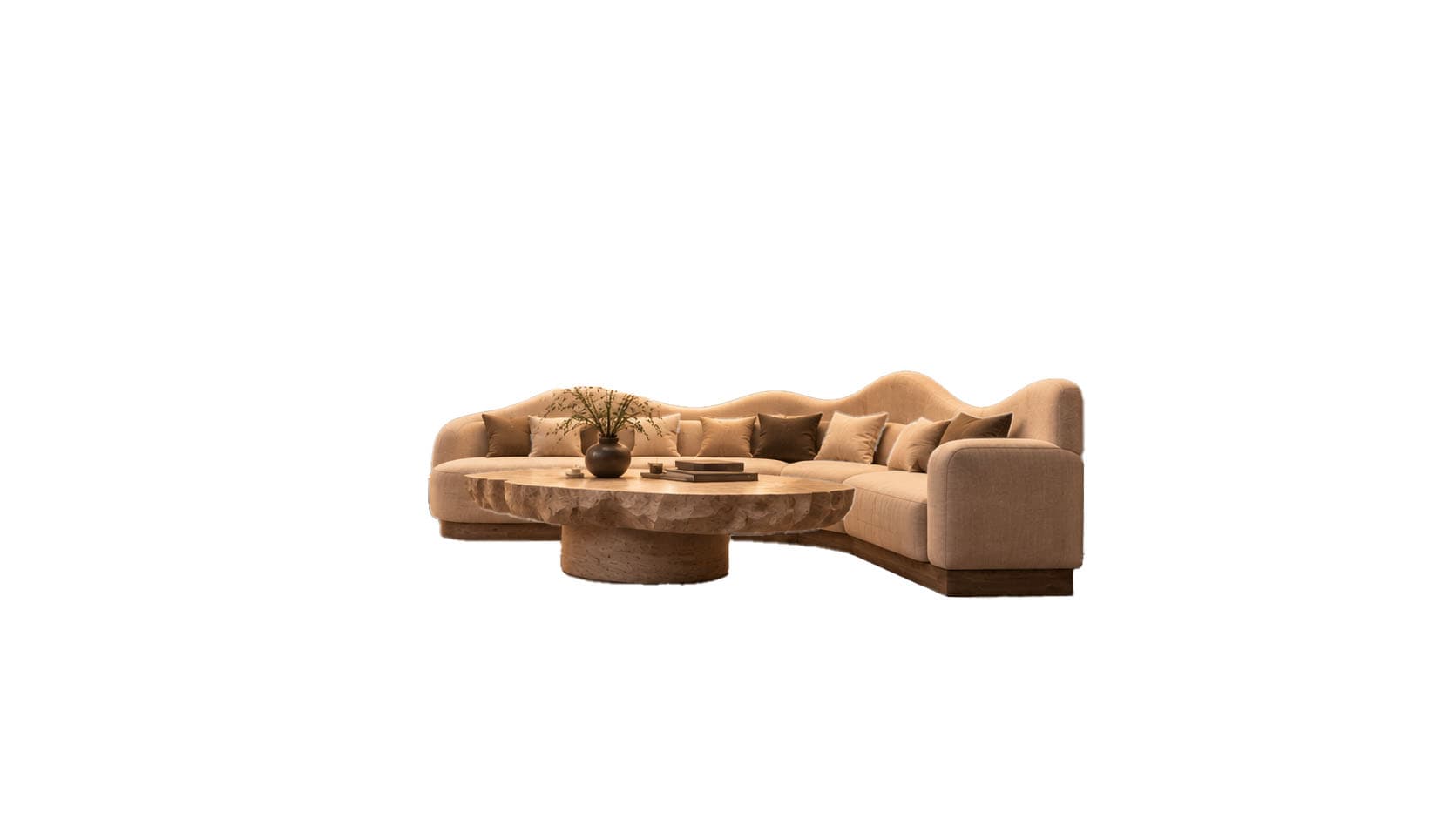 An organic modern furniture set featuring a large sectional sofa with a distinctive wavy backrest and a sculptural, irregularly shaped coffee table. The sofa is upholstered in a light beige or tan fabric and includes several throw pillows in matching and darker brown tones. It rests on a subtle, recessed wooden plinth base. The coffee table, positioned in front of the sofa, is made of a light-colored wood or stone, featuring a thick, irregular tabletop and a solid, sculpted base. Small decorative items are placed on the coffee table. — 3D model