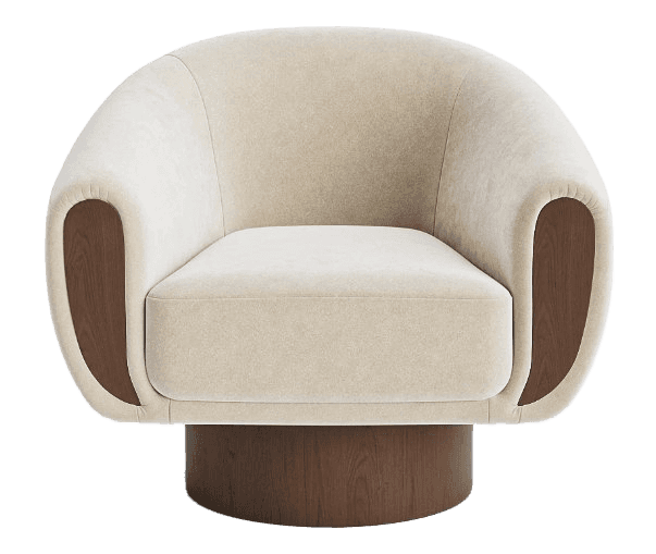 A contemporary upholstered swivel accent chair featuring a rounded, enveloping form with integrated… — free BLEND 3D model