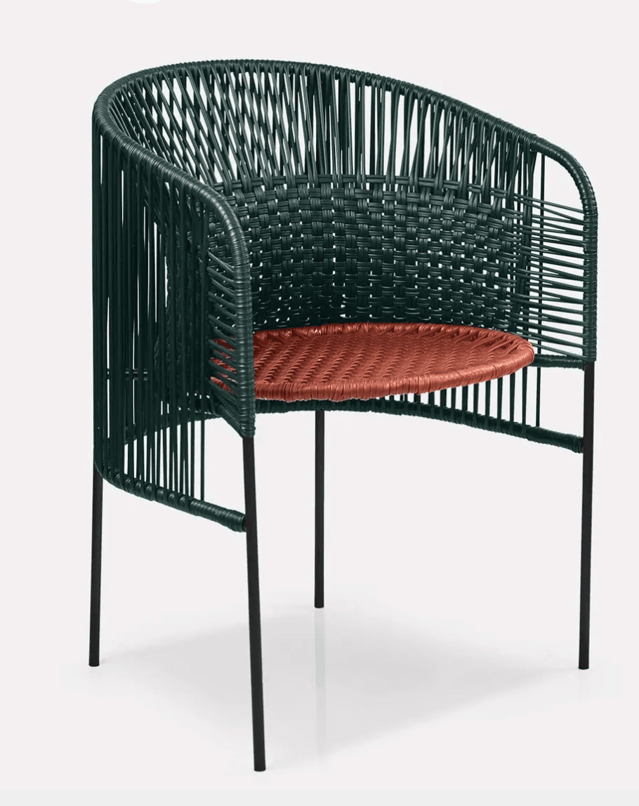 A modern armchair featuring a dark green woven cord back and armrests, paired with a contrasting reddish-brown woven seat, all supported by slender black metal legs. The design is contemporary and appears suitable for both indoor and outdoor settings. — 3D model