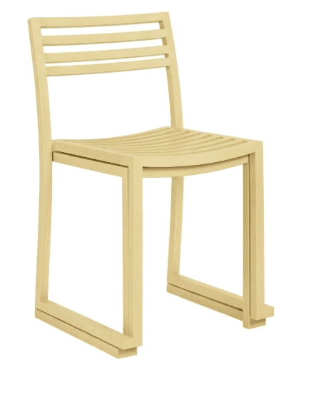 A modern chair with a slatted seat and backrest. The chair features a minimalist design with angular legs and a unified, pale yellow color. — 3D model
