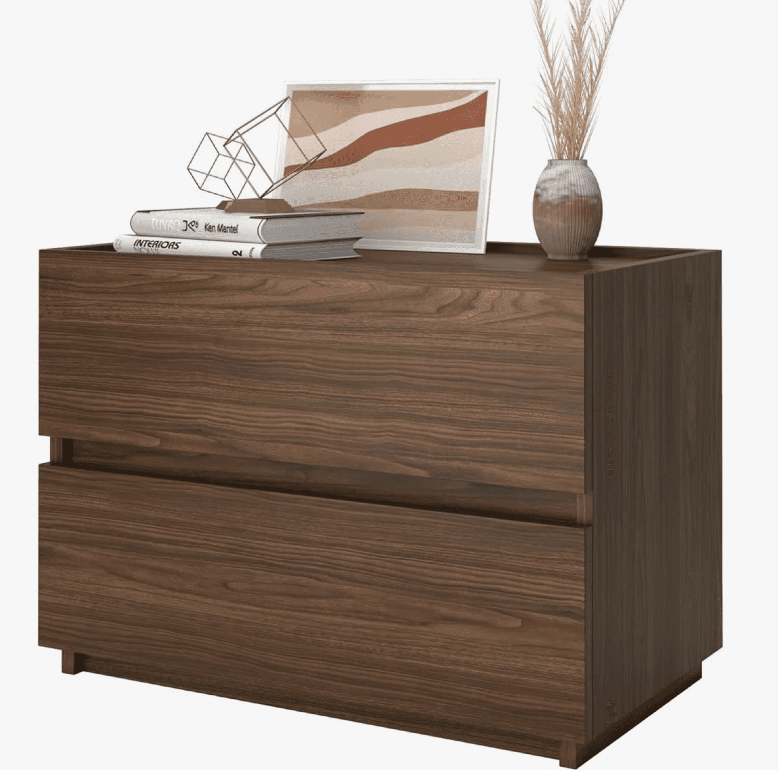 A modern dresser with two drawers, constructed from dark wood veneer. The top surface displays sever… — 3D model