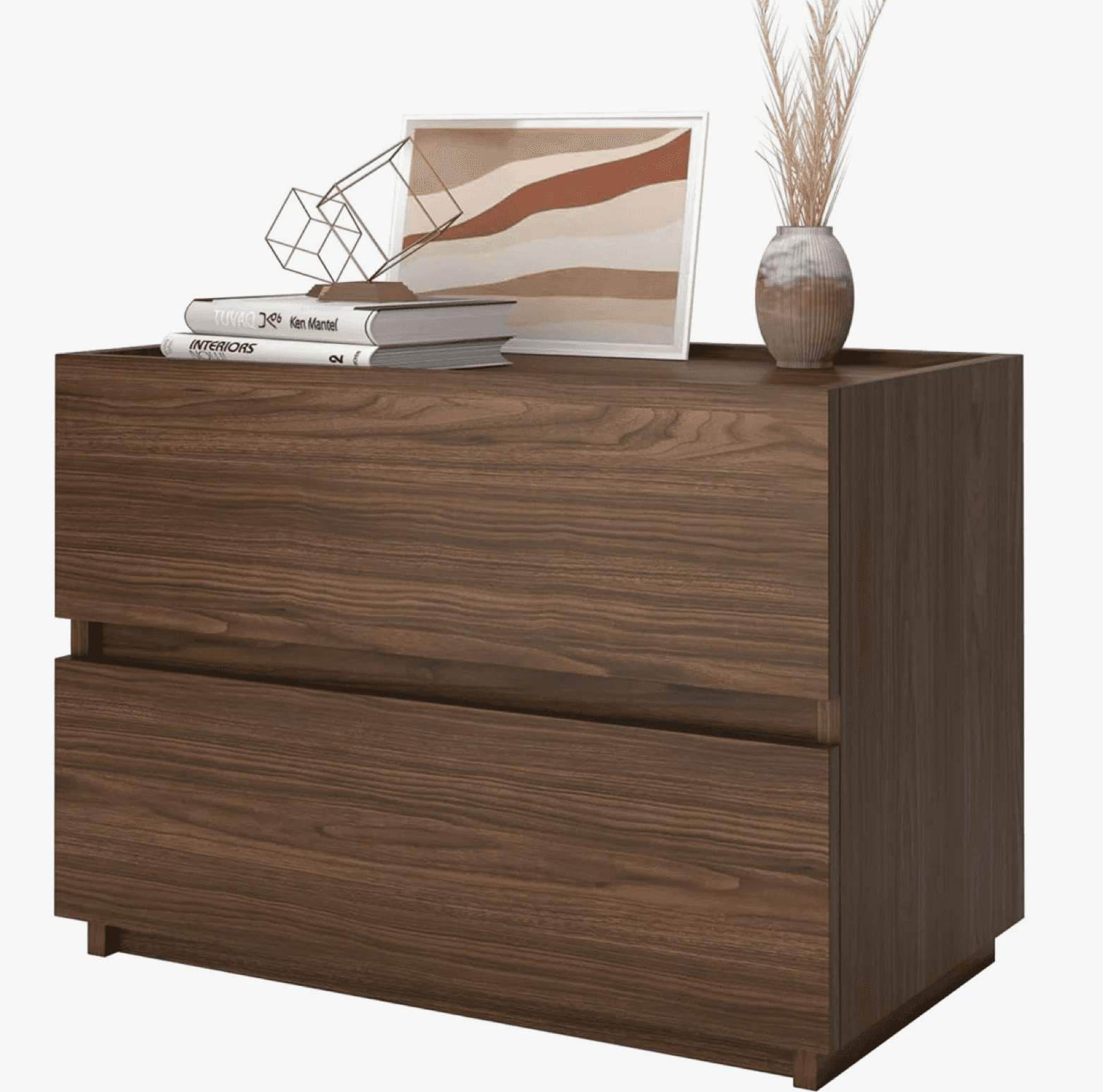 A modern dresser with two drawers, constructed from dark wood veneer. The top surface displays several decorative items: a stack of two books, an abstract metal sculpture, a framed picture with wavy lines, and a ribbed vase with dried plant material. — 3D model