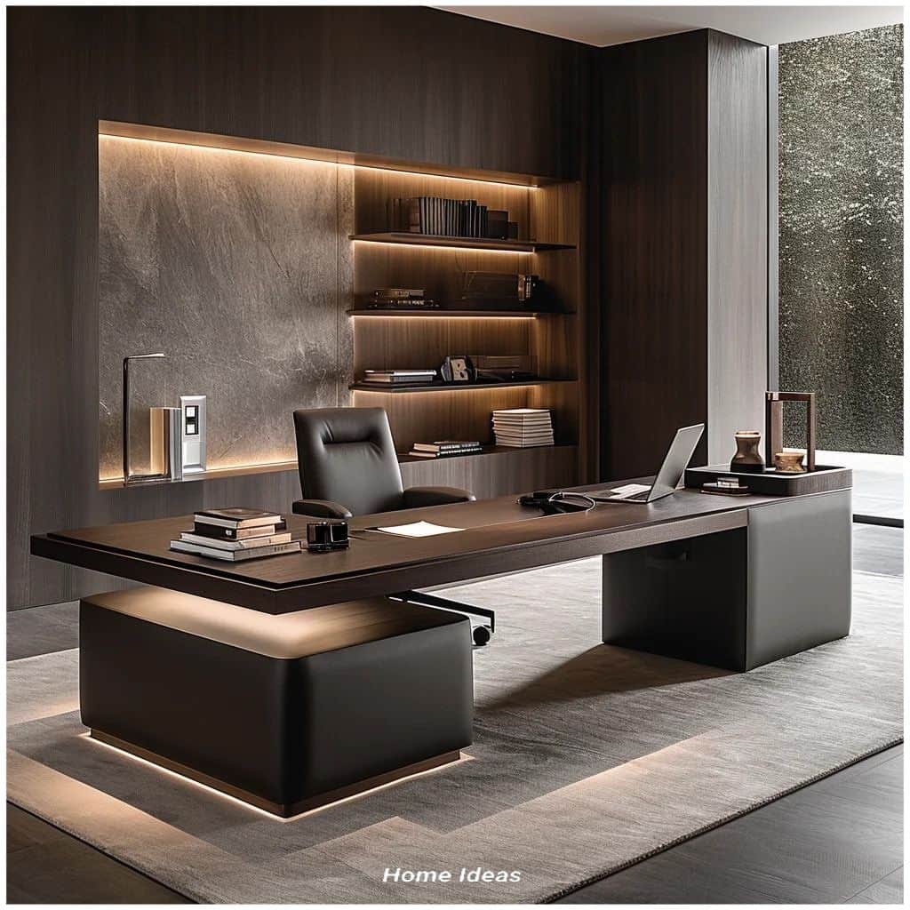 A modern executive office desk featuring a dark wood veneer finish, integrated storage with drawers,… — 3D model