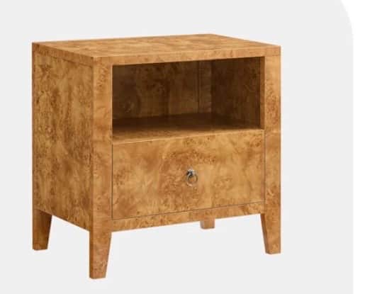 A square-shaped nightstand crafted from burl wood veneer, featuring a prominent wood grain pattern.… — 3D model