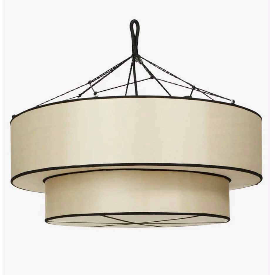 A two-tiered cylindrical light fixture with cream fabric shades and black contrasting trim, suspende… — free GLB 3D model
