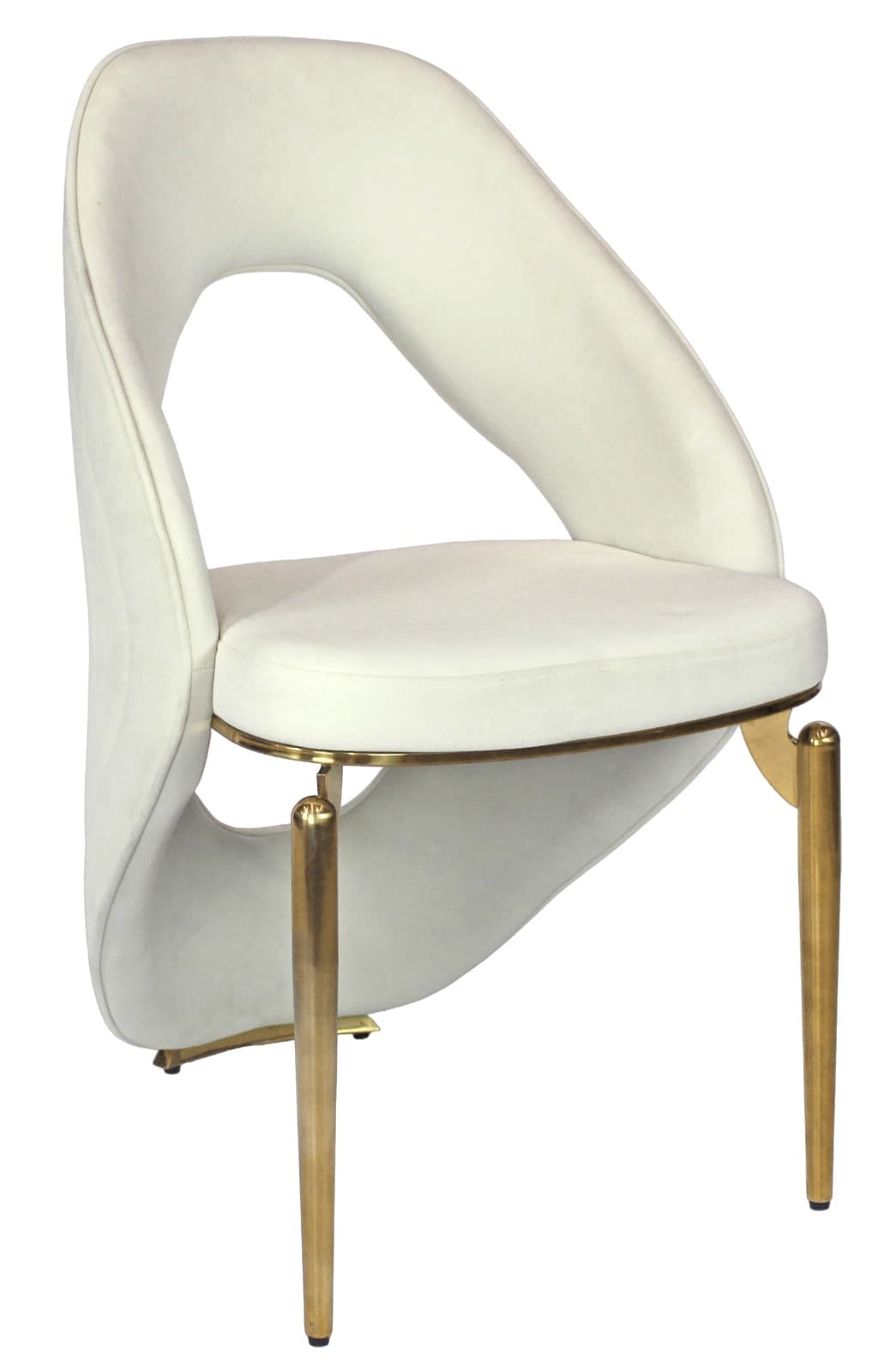 A modern accent chair featuring a unique, sculptural silhouette. The backrest and integrated armrests form a continuous, flowing curve, creating an open space in the back. It is upholstered in a smooth, light cream or off-white velvet-like fabric. The chair is supported by four sleek, splayed legs made of polished brass, which connect to the seat frame with distinctive hardware. — 3D model