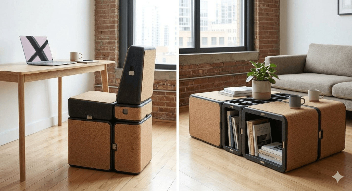 A modular chair composed of cuboid blocks, featuring natural cork panels on its exterior surfaces and dark, possibly fabric-covered padding for the seat and backrest. The design highlights its segmented construction with visible connectors, suggesting reconfigurability. It presents a modern, minimalist aesthetic with a low profile. — 3D model