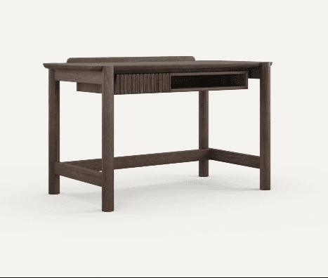 A dark wood desk with a raised back edge and a single open shelf with a fluted drawer front insert. The desk has four legs connected by horizontal support beams. The construction appears to be solid wood. — 3D model