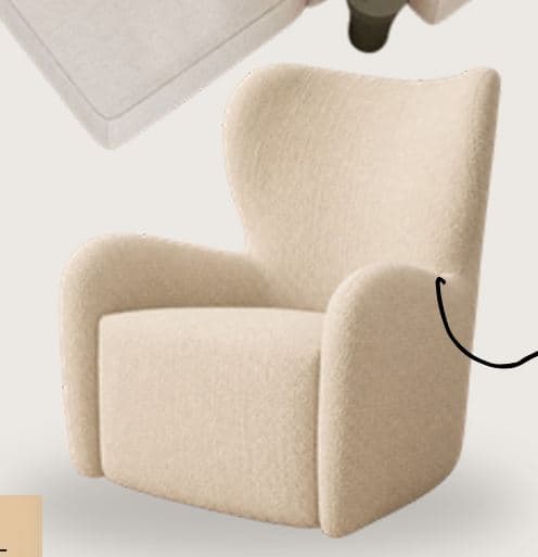 A contemporary high-back lounge chair upholstered in a textured, light-colored boucle fabric. It features a sculptural form with rounded edges, integrated armrests, and a continuous, fully upholstered base. — 3D model