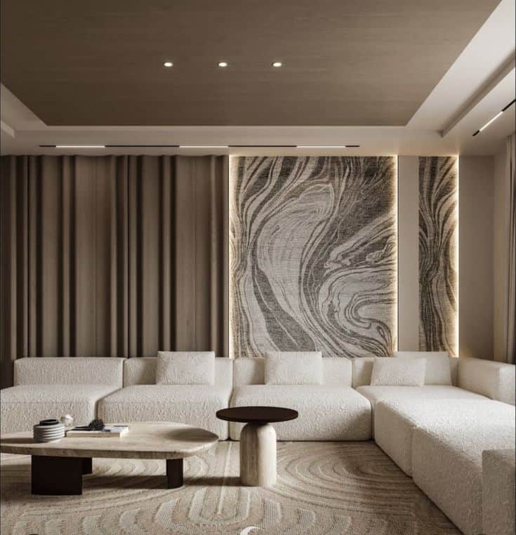 A modern modular sectional sofa upholstered in a light-colored, textured boucle fabric, featuring mu… — 3D model