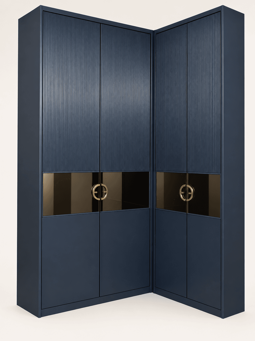 A sophisticated L-shaped corner wardrobe in a matte navy blue finish, designed for ample storage in… — 3D model