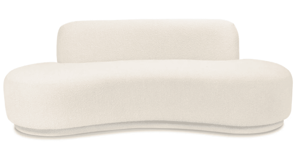 A contemporary sofa with a distinctive curved silhouette and a textured boucle upholstery. The design features a low profile base that curves outward, supporting a plush, rounded seating area. A vertically oriented, rounded backrest is integrated into the rear of the sofa, providing a unique visual element and support. The overall form is organic and inviting, with soft edges and a substantial yet streamlined appearance. — 3D model