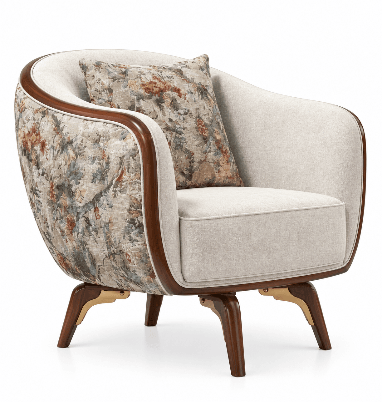 A barrel-shaped armchair featuring a mix of plain and floral upholstery, exposed wooden trim, and splayed wooden legs with brass accents. Includes a matching throw pillow. — 3D model