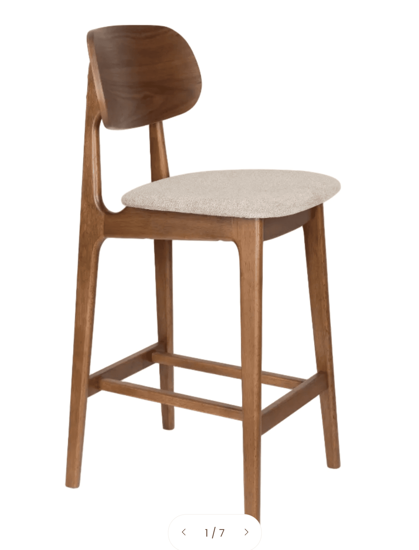 A modern bar stool featuring a rich walnut-finished wooden frame, an upholstered seat, and a distinctively curved wooden backrest. The stool has four sturdy, tapered legs connected by a rectangular footrest for stability and comfort. — 3D model