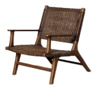 A low-slung lounge chair featuring a sturdy dark brown wooden frame and a tightly woven seat and bac… — 3D model